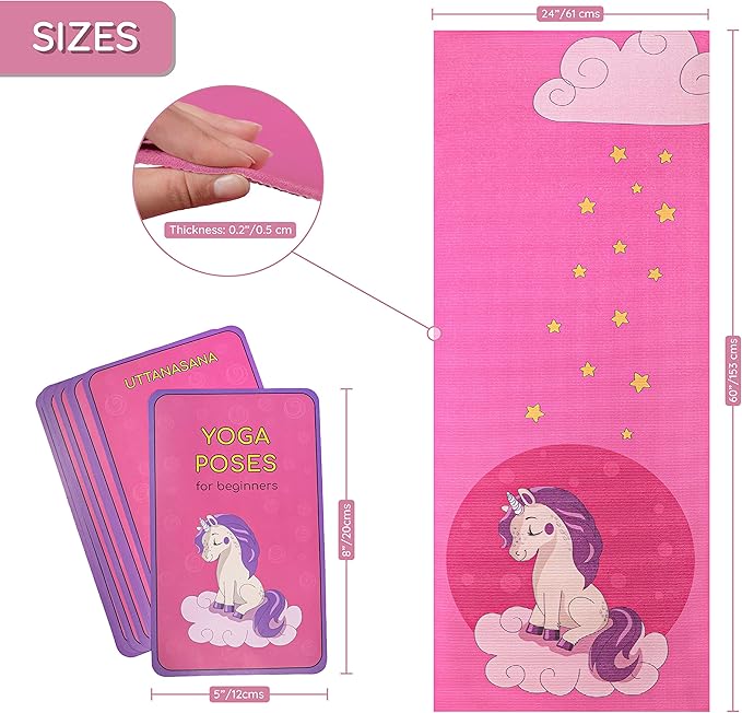Kids Yoga Mat Set for Boys & Girls - Doll, Unicorn, Mermaid, Panda, Dinosaur and UnderWater - Chemical Free - Non-Toxic - Non-Slip - 60 X 24 X 0.2 Inches - w/ 12 Yoga Cards - Cute Carrier Bag - Ages 3-12 - Bloomnest