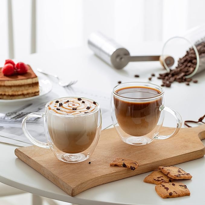 CNGLASS 8.5oz Glass Coffee Mug,Double Wall Insulated Glass Mugs with Handle,Clear Espresso Mugs for Latte,Cappuccino,Tea Bag,Set of 4 - Bloomnest