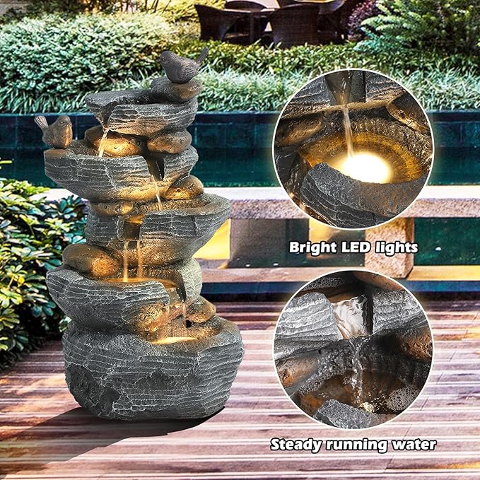 Grepatio Outdoor Water Fountain 5 Tier Cascading Rock Waterfalls Fountains with 4 LED Lights and Pump Indoor/Outdoor Modern Floor Standing Garden Water Fountain for Yard, Patio, House Decor - Bloomnest
