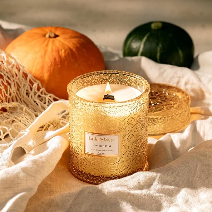 LA JOLIE MUSE Pumpkin Candle, Fall Candles for Home Scented, 19 oz Large Wood Wicked Candles, Natural Soy Candle Gifts for Men&Women, 90 Hours Long Burning, Pumpkin Chai - Bloomnest