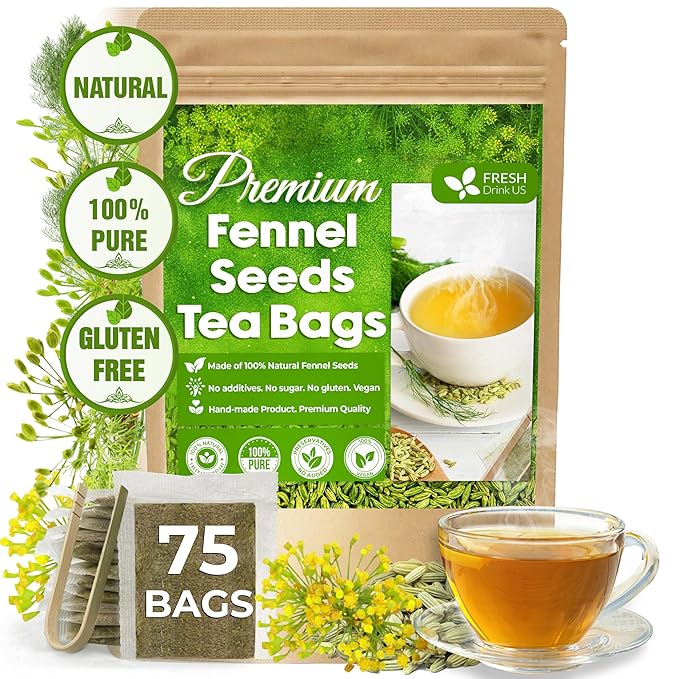 FreshDrinkUS, Premium 75 Fennel Seed Tea Bags – 100% Natural & Pure, Handmade Herbal Tea, Eco-Friendly, Fresh Aroma, Made with Natural Material Tea Bags. No Sugar, No Caffeine, No Gluten, Vegan. - Bloomnest