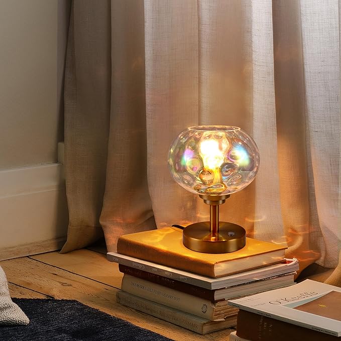 Touch Control Hammered Glass Table Lamp Brass Gold Portable Dimmable Brightness Small Nightstand Light 3-Way Stepless Dimming Bedside Bedroom Living Room (Stained Glass & Gold) - Bloomnest