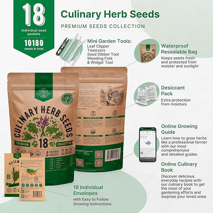 Organo Republic 18 Culinary Herbs Seeds Variety Pack - 10,180+ Heirloom, Non-GMO, Herbs Seeds for Outdoor and Indoor Home Gardening, Including Rosemary, Thyme, Oregano, Mint, Basil, Parsley - Bloomnest