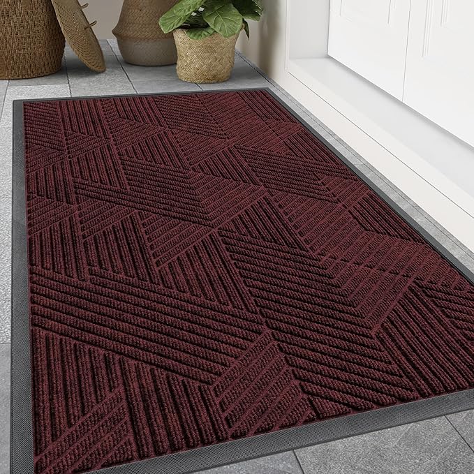 Smiry Front Door Mat Outside Entrance, Heavy Duty Sturdy Natural Rubber Doormat, Trap Dirt and Moisture, Easy Clean Low Profile Mats for Indoor Outdoor Entry, Irregular Triangle (47x24, Dark Red) - Bloomnest