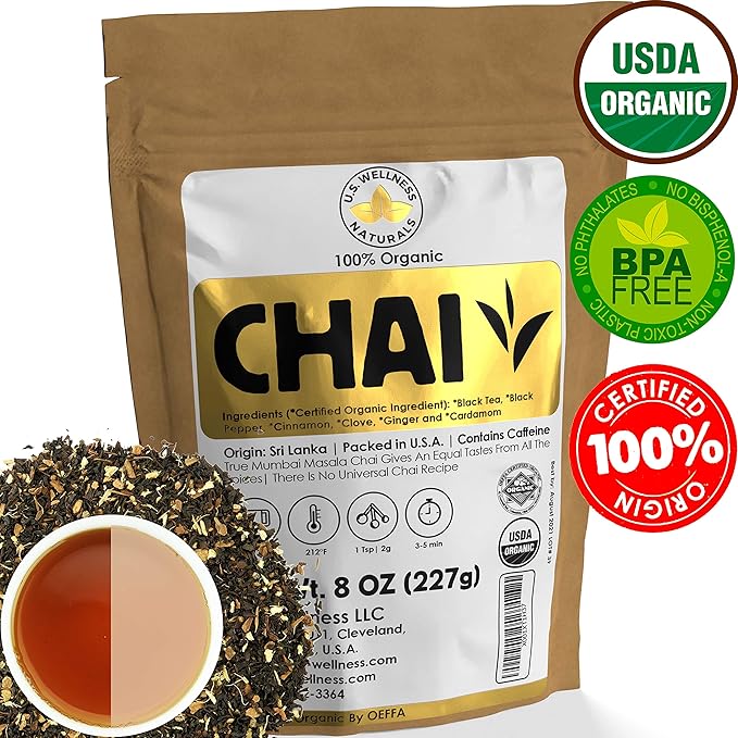 Classic Chai Tea Loose Leaf | CEYLON (110+ Cups) | 100% CERTIFIED ORGANIC Chai Ingredients| Black Tea, Cinnamon, Cardamom, Cloves & Black Pepper | Brews Chai Latte | Ancient Indian House Recipe | 8oz - Bloomnest