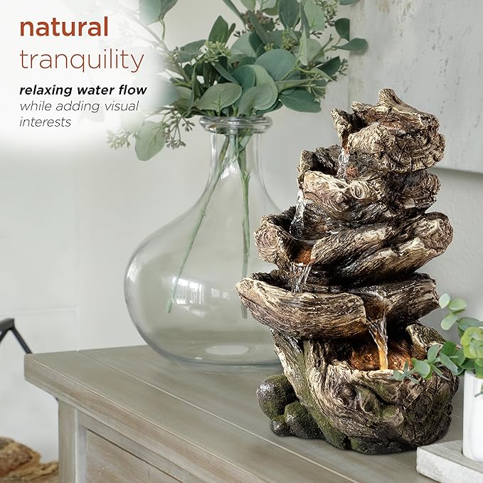 Alpine Corporation WIN1180 11" Indoor Tabletop Waterfall Fountain with LED Lights, 5 Tier Rainforest Garden Fountain, Brown - Bloomnest
