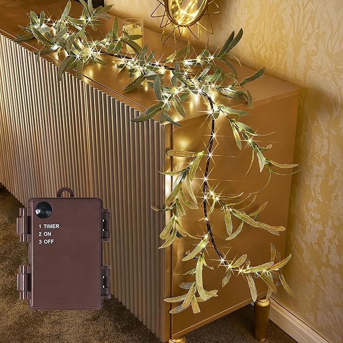 Birchlitland Lighted Olive Garland Battery Operated with Timer 6FT 96 LED Fairy Lights, Faux Vine with Lights for Mantel Fireplace Wall Patio Wedding and Holiday Decor - Bloomnest