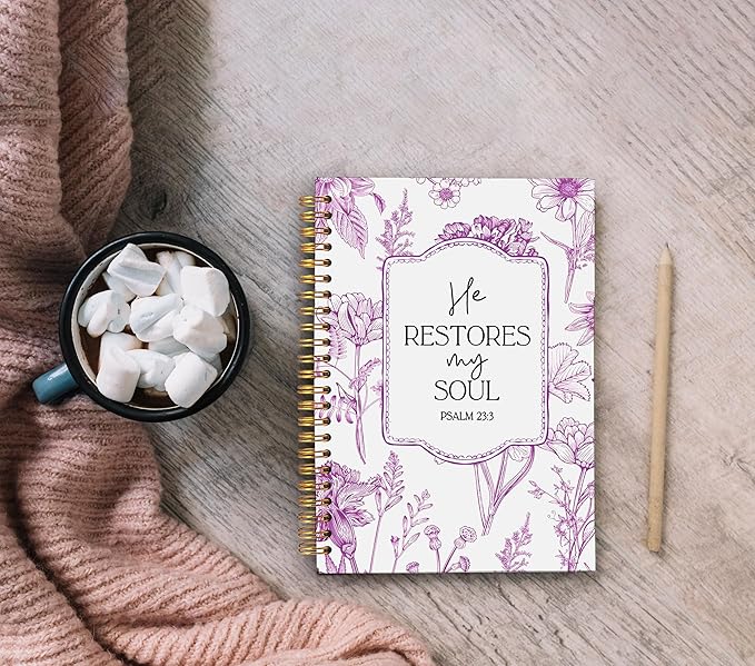 Christian Notebook for Women, Christian Art Gifts Journal, Prayer Journal for Women, Bible Journaling Notebook, PSALM 23:3 He Restores My Soul Floral Spiral Notebook 5.5x8.3 - Bloomnest
