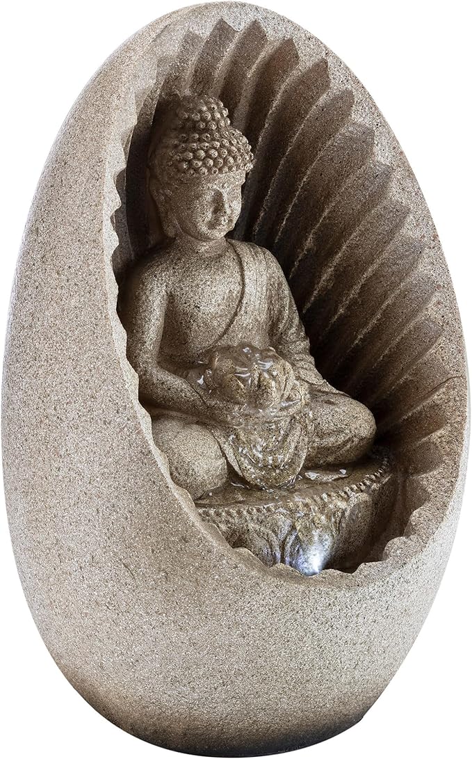 Alpine Corporation WIN322 Indoor/Outdoor Tabletop Buddha Fountain with LED Lights, Soothing Buddha Garden Fountain 11", Beige - Bloomnest