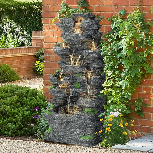 TITIMO 10-Tier Cascading Rock Water Fountain Outdoor Garden Waterfall with Lights,Fountain Indoor Decor for Garden, Patio, Backyard, Deck, Porch and Home Art Decor - Bloomnest
