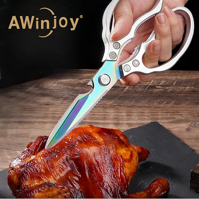 AWinjoy Heavy Duty Sharp Kitchen Scissors, Dishwasher Safe, Cooking Shears for Meat, Chicken, Fish, Poultry, Herb, Bread (Silver Color) - Bloomnest