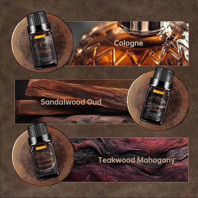 Men Essential Oils Set - 6 Premium Fragrance Oils for Diffusers for Home, Candles & Aromatherapy | Leather, Sandalwood, Cologne, Smoke Vanilla, Oak, Mahogany Scents | Gift Set for Men, Father's Day - Bloomnest