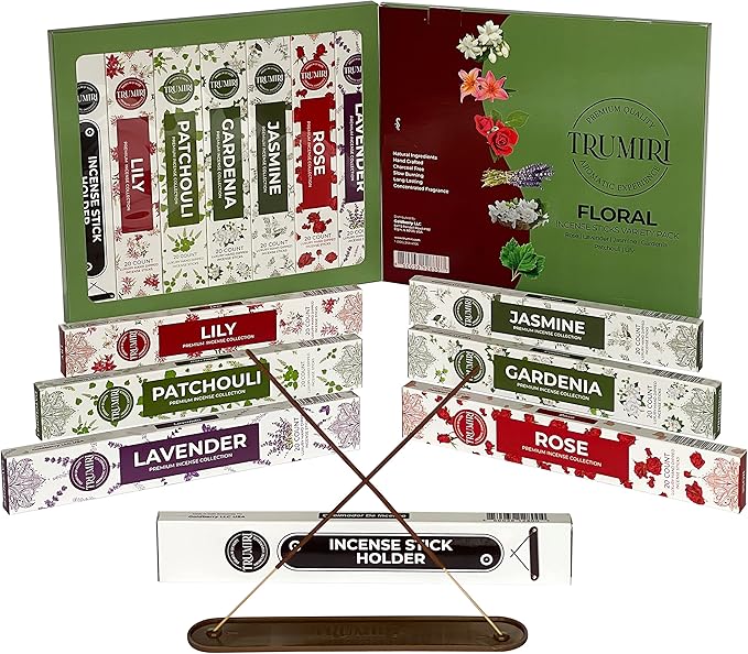Floral Incense Sticks Variety Pack - 120 Insence-Sticks (6 Incents x 20 Insense) - Rose Lavender Jasmine Patchouli Gardenia Lily - Natural Inscents-Sticks Non Toxic Incienso with Stick Incense Holder - Bloomnest