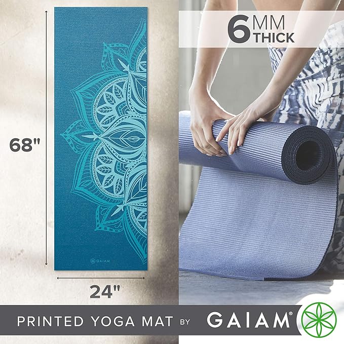 Gaiam Yoga Mat - Premium 6mm Print Extra Thick Non Slip Exercise & Fitness Mat for All Types of Yoga, Pilates & Floor Workouts (68"L x 24"W x 6mm Thick) - Bloomnest