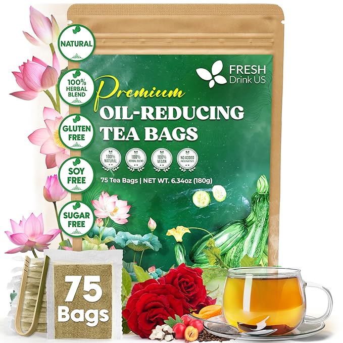 FreshDrinkUS, Oil-Reducing Herbal Tea – 75 Tea Bags | Blend of Winter Melon, Lotus Leaf, Ginger, Hawthorn, Gardenia Fruit, Rose, Cassia Seed & More | Naturally Caffeine-Free | Delicious Hot or Iced - Bloomnest