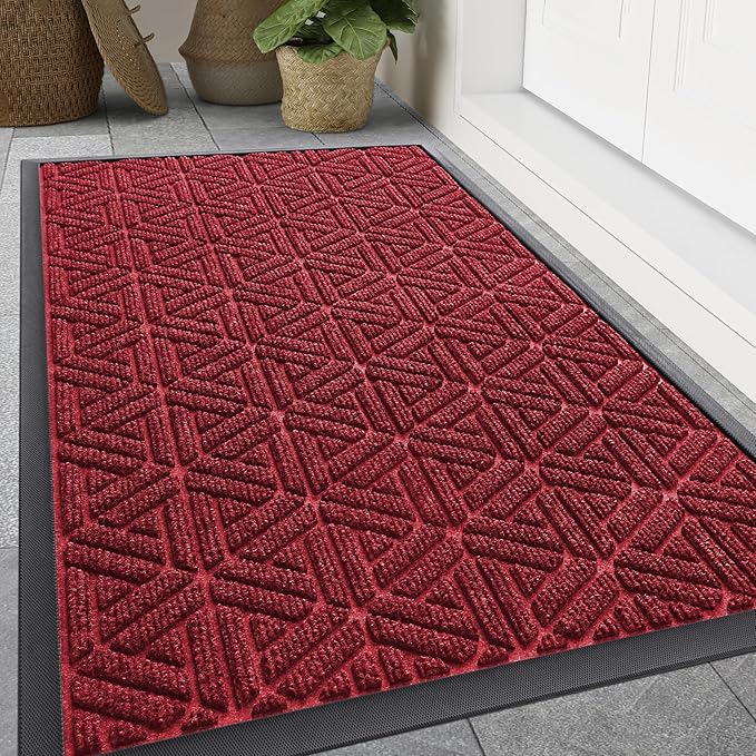 Smiry Front Door Mat Outside Entrance, Heavy Duty Sturdy Natural Rubber Doormat, Trap Dirt and Moisture, Easy Clean Low Profile Mats for Indoor Outdoor Entry, Grid Geometric (47x32, Wine Red) - Bloomnest