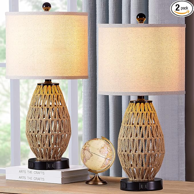 Touch Control Rattan Table Lamps, 3 Way Dimmable Bedside Lamps for Bedroom Set of 2 with 2 USB Ports and AC Outlet, Wicker Nightstand Lamps for Living Room (LED Bulbs Included) - Bloomnest