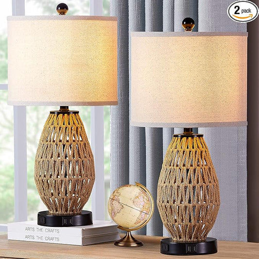 Touch Control Rattan Table Lamps, 3 Way Dimmable Bedside Lamps for Bedroom Set of 2 with 2 USB Ports and AC Outlet, Wicker Nightstand Lamps for Living Room (LED Bulbs Included) - Bloomnest