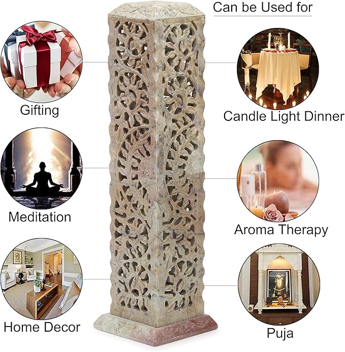 Carry Me Handmade Marble Soapstone Incense Stick Burner | Candle Stick Holder | Tea Light Burner - Perfect Floral Carving for Gifting. Decorative Home and Kitchen Decor (3 x 3 x 11 Inches) - Bloomnest