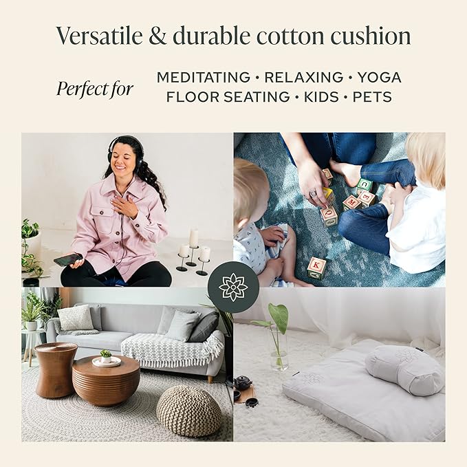 Mindful & Modern Large Meditation Cushion | Zafu Yoga Bolster Meditation Floor Pillow Seat | Buckwheat Hull Filled Crescent Shaped Cushion with Removable Washable Cover + Carry Handle - Bloomnest