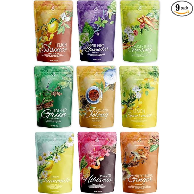 Gardenika Loose Leaf Tea Sampler Box – Herbal, Black and Green Variety Pack – Kosher, No Natural or Artificial Flavors – 9 Pack (1lb 2oz) - Bloomnest