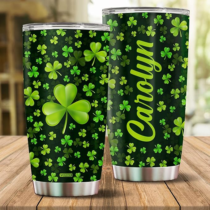 Personalized Green Irish Shamrocks Tumbler For Women with Lid Insulated 20 oz Stainless Steel Water Bottle Coffee Cup Travel Mug Gift For Mom Daughter Wife Girls - Bloomnest