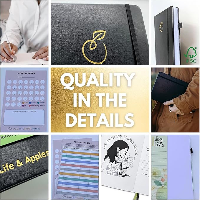 Life & Apples Journal for Women - Guided Mindfulness Journaling Notebook with prompts - for Improved Mental Health, Less Anxiety & Stress, More Positivity & Resilience - A5 Tune-in Black