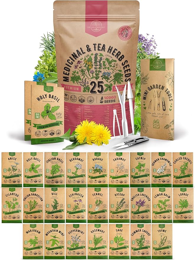 Organo Republic 25 Medicinal & Tea Herb Seeds Variety Pack for Indoor & Outdoors. 10900+ Non-GMO Heirloom Garden Seeds: Anise, Borage, Cilantro, Chamomile, Dandelion, Rosemary, Peppermint Seeds - Bloomnest