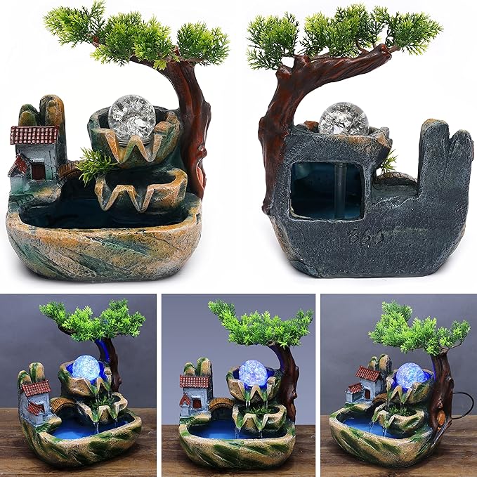 Small Bonsai Humidifier Mini Tabletop Waterfall Fountain with LED Color Night Light and Atomizer, Desktop Water Fountains Indoor Home Decor or Festival Birthday Gift for Girls Boys, 10 Inch - Bloomnest
