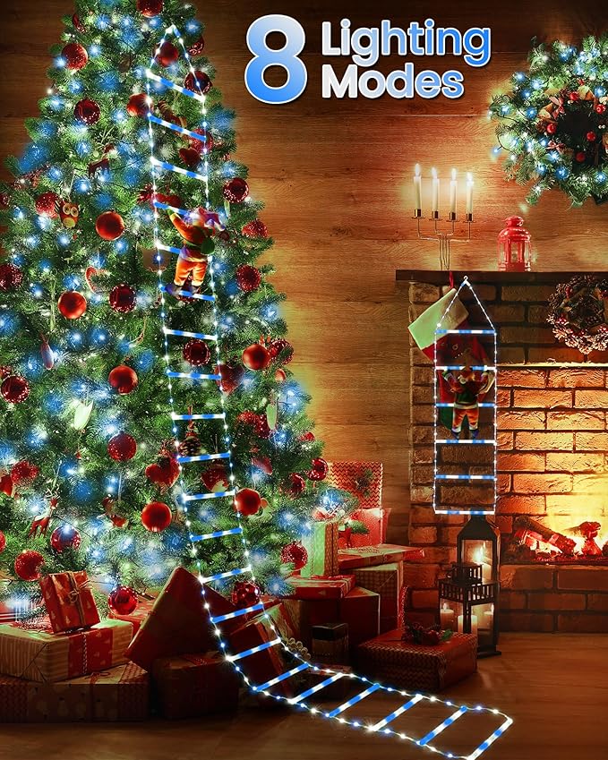 Toodour LED Christmas Lights - 10ft Christmas Decorative Ladder Lights with Santa Claus, Xmas Decorations Light for Indoor Outdoor, Window, Garden, Home, Wall, Xmas Tree Decor - White & Blue - Bloomnest