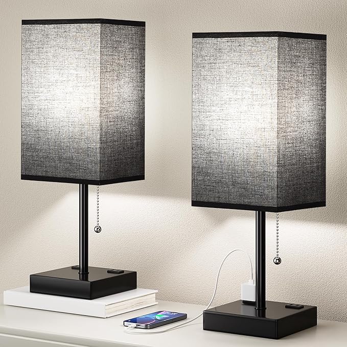 Plus Black Bedside Table Lamps Set of 2 - Bedroom Lamps with 3 Colors (3000K/5000K/4000K), Square Nightstand Lamp with USB C + A Charging Ports and 2 AC Outlets, Pull Chain Night Light for End Table - Bloomnest