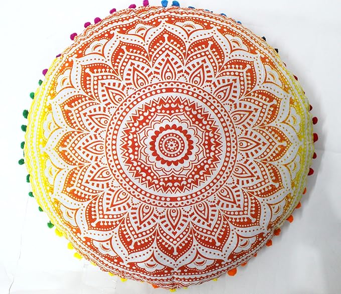 CRAFT KALA 32" Large Round Bohemian Floor Pillow Pouf Cover Mandala Meditation Room Pillow Cover for Adults Boho Seating Poufs Cushion Cover for Kids Playroom Yellow Orange Ombre - Bloomnest
