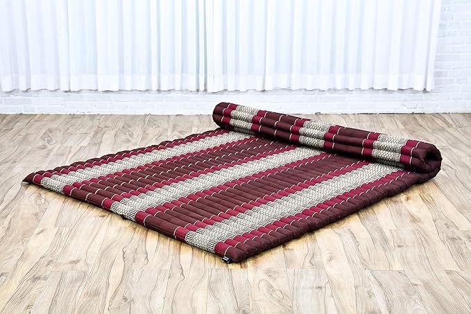Leewadee - Foldable Floor Mattress - Japanese Roll Up Futon -Trifold Tatami Mat- Guest Floor Bed - Camping Mattress - Thai Massage Mat, Kapok Filled, 75 x 57 inches, Brown Red - Bloomnest