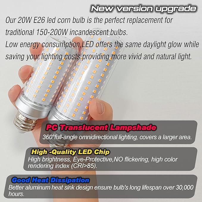 Big 1.77x 5.9 inch E26 Medium Base 200w Replacement LED Corn Bulbs, 2700K Warm White,3000 Lumen E26 E27 20W LED Candelabra Ceiling Fan Light Bulbs for Home Garage Warehouse Indoor, Non-dimmable,4 Pack - Bloomnest