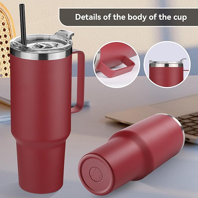 HASLE OUTFITTERS 40 oz Stainless Steel Tumbler with Handle, Vacuum Insulated Tumblers Bulk, Reusable Double Wall Travel Coffee Mug, Durable Powder Coated Water Bottles(Wine Red, 8) - Bloomnest