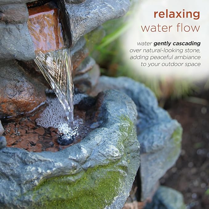 Alpine Corporation | 22"H Outdoor 3-Tier Rock Waterfall Fountain with LED Lights — Natural Stone Look for Garden, Patio, Yard & Porch Décor (Gray) - Bloomnest
