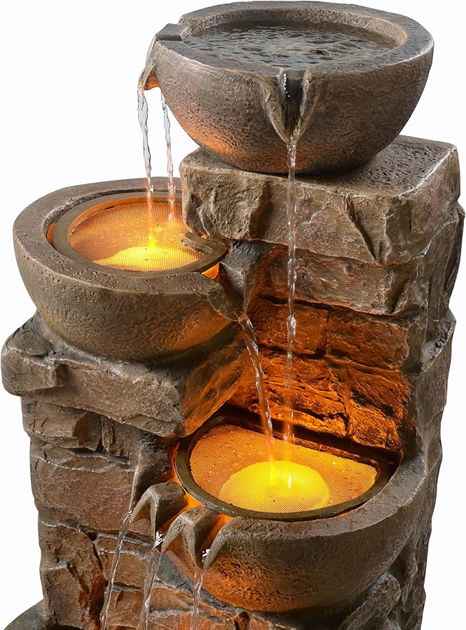 Teamson Home 33.27" Outdoor Freestanding Water Fountain with LED Lights, Cascading Bowls & Stacked Stones, Floor Fountain for Patio, Garden, Balcony, Lawn, Yard Decor, Brown Polyresin - Bloomnest