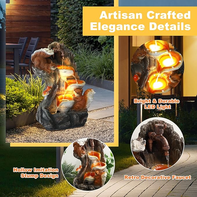 MAGIC UNION Outdoor Water Fountain, Garden Decor Outside Indoor Waterfall Cascading Rock Fountain with Retro Decorative Faucet, Patio Resin Fountains for Yard, Deck, Porch and Home, Imitation Stump - Bloomnest