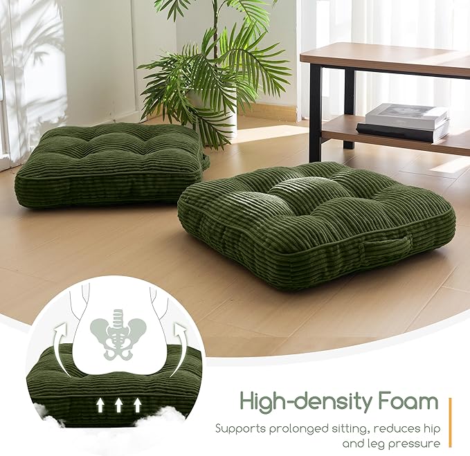 Washable Floor Pillow Cushion for Adults, Meditation Cushion Pillow, Large Square Floor Sitting, Removable Tufted Corduroy Cover, for Tatami Living Room or Yoga, 22x22 Inch, 2Pack, Machine Washable - Bloomnest