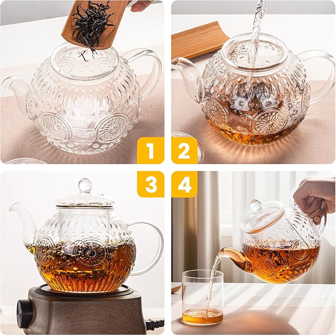 Bandesun Vintage Glass Teapot, Tea Kettle with Removable Infuser 32OZ/1000ml, Borosilicate Glass Pot -Stovetop Safe, Blooming & Loose Leaf Tea Maker Set - Bloomnest
