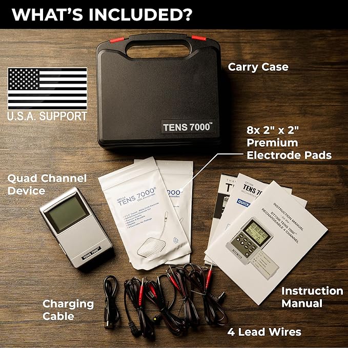 TENS 7000 Pro Rechargeable Tens Unit Muscle Stimulator, 4 Channels, Back Pain Relief, 8 Electrodes/Unit Pads, EMS and TENS Machine, Muscle Recovery & Growth, Stim Machine, Electrotherapy TENS7000