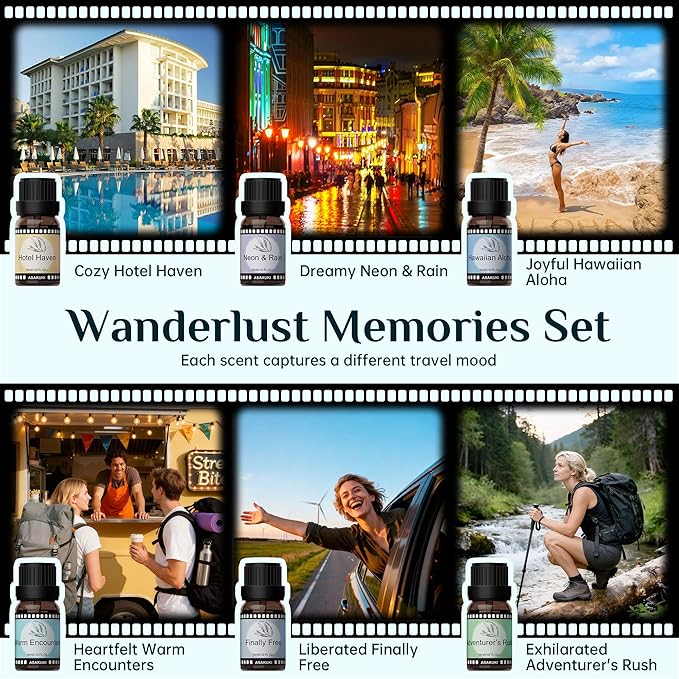ASAKUKI Hotel Diffuser Oils Set, Hotel Scent Essential Oils for Diffuser, Travel-Inspired Luxury Fragrance Oil Blends,- Hotel Haven, Neon & Rain, Hawaiian Aloha, Warm Encounters, Finally Free - Bloomnest