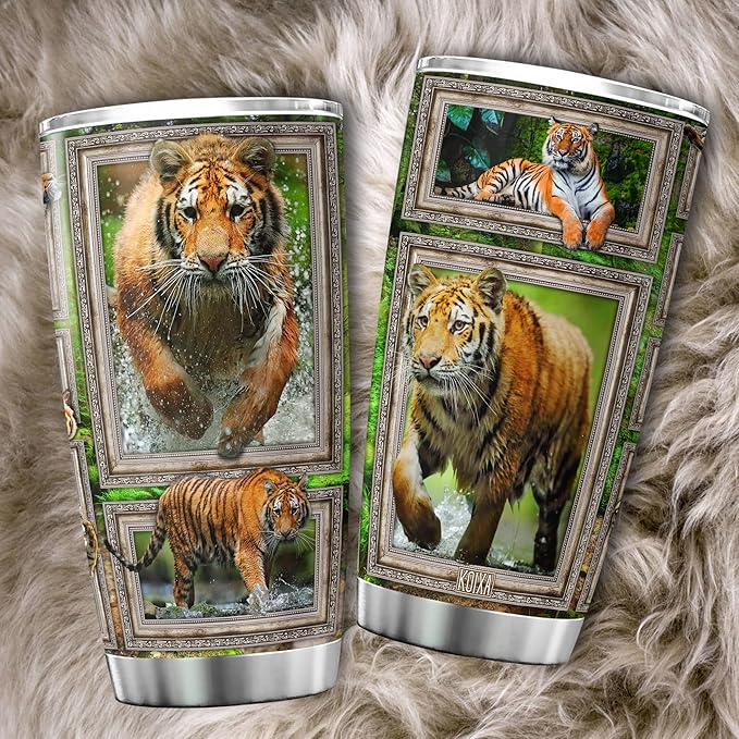 Tiger Print Tumbler Wildlife Animal Themed Gifts For Adults Stainless Steel Cup With Lid 20oz Cool Tigers Animals Insulated Travel Mug Tiger Stuff For Men Birthday Present - Bloomnest