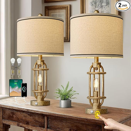 23.75'' Table Lamps Set of 2 for Living Room Bedroom Industrial Farmhouse Metal Touch Lamps with USB A+C Ports, Night Light Vintage Nightstand Bedside Lamp, Bulbs Included, Champagne Gold - Bloomnest