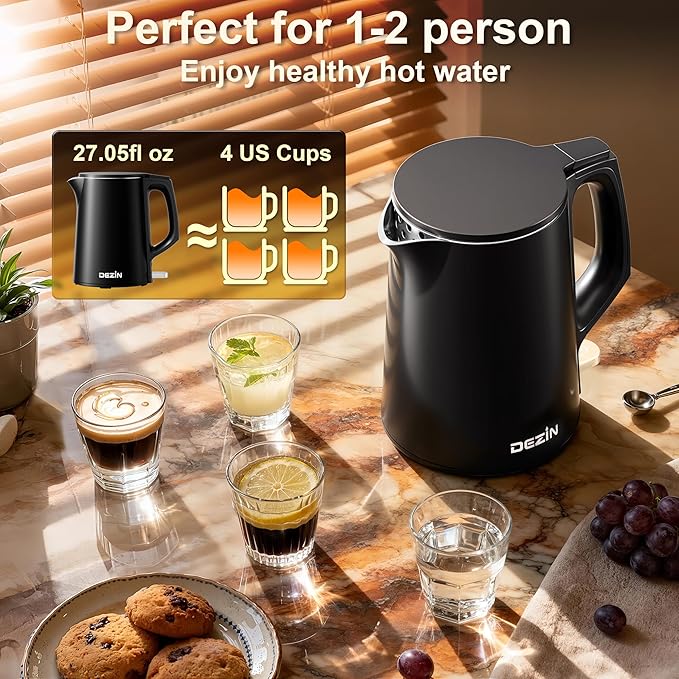 Dezin Electric Kettle, 0.8L Small Electric Kettle with Double Wall Construction, 304 Stainless Steel Electric Tea Kettle for Business Trip, Portable Travel Kettle with Auto Shut-Off (Without Cup) - Bloomnest
