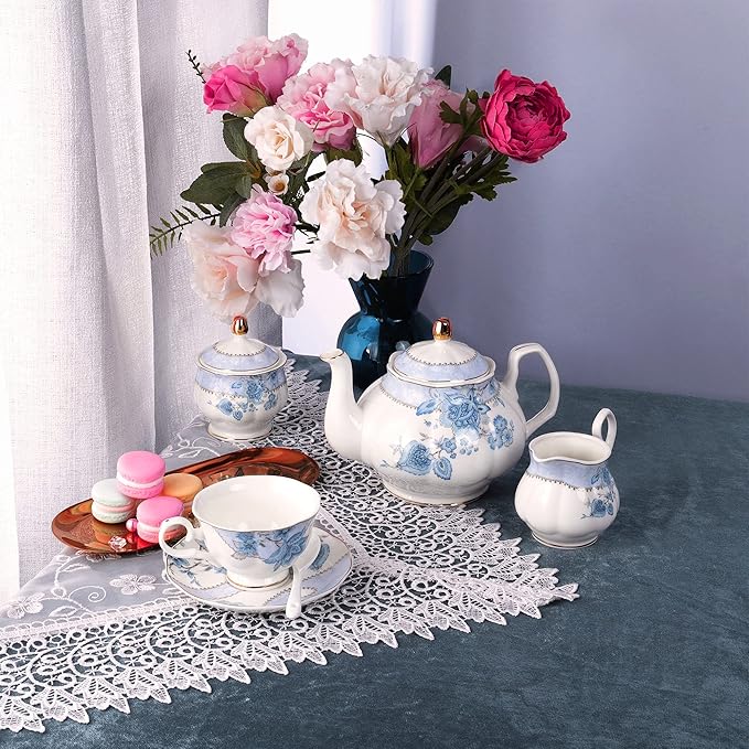 fanquare Blue Flowers Porcelain Tea Set, Tea Cup and Saucer Set Service for 6, Wedding Tea Set with Sugar Bowl Cream Pitcher, Floral Coffee Set for Tea Party - Bloomnest