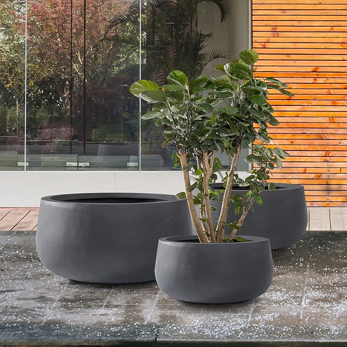 Kante 19.6",15.7",11.8" Dia Round Concrete Planters Set of 3, Outdoor Indoor Garden Plant Pots with Drainage Hole and Rubber Plug, Modern Curvaceous Design, Charcoal - Bloomnest