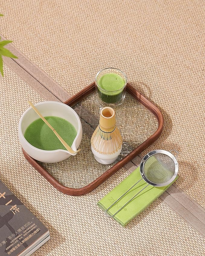 ZENS Matcha Whisk Set, 6pcs Matcha Kit Includes Ceramic Bowl, Handcrafted Bamboo Whisk and Chasen Holder, Scoop, 304 Sifter & Tea Mat，Matcha Set for Tea Ceremony,Latte Making, White - Bloomnest