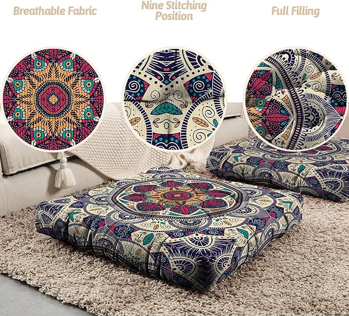 Mandala Meditation Cushion, Boho Meditation Mat, Meditation Pillows for Sitting on Floor, Cushions for Sitting in Home and Outdoor, Square Floor Pillows Cushion Seating for Yoga 22'' x 22'' - Bloomnest