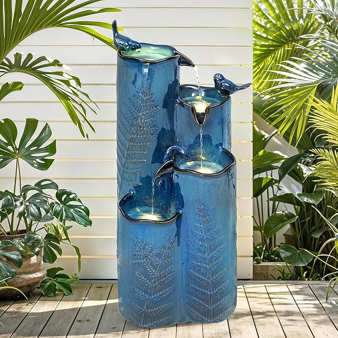 Outdoor Water Fountain with Lights, 32" Ceramic Vase Fountain with 4-Tier Waterfall and Bird Decor, Tall Garden Waterfall with Turquoise Glaze & Tropical Fern for Patio, Yard, Balcony, Porch - Bloomnest